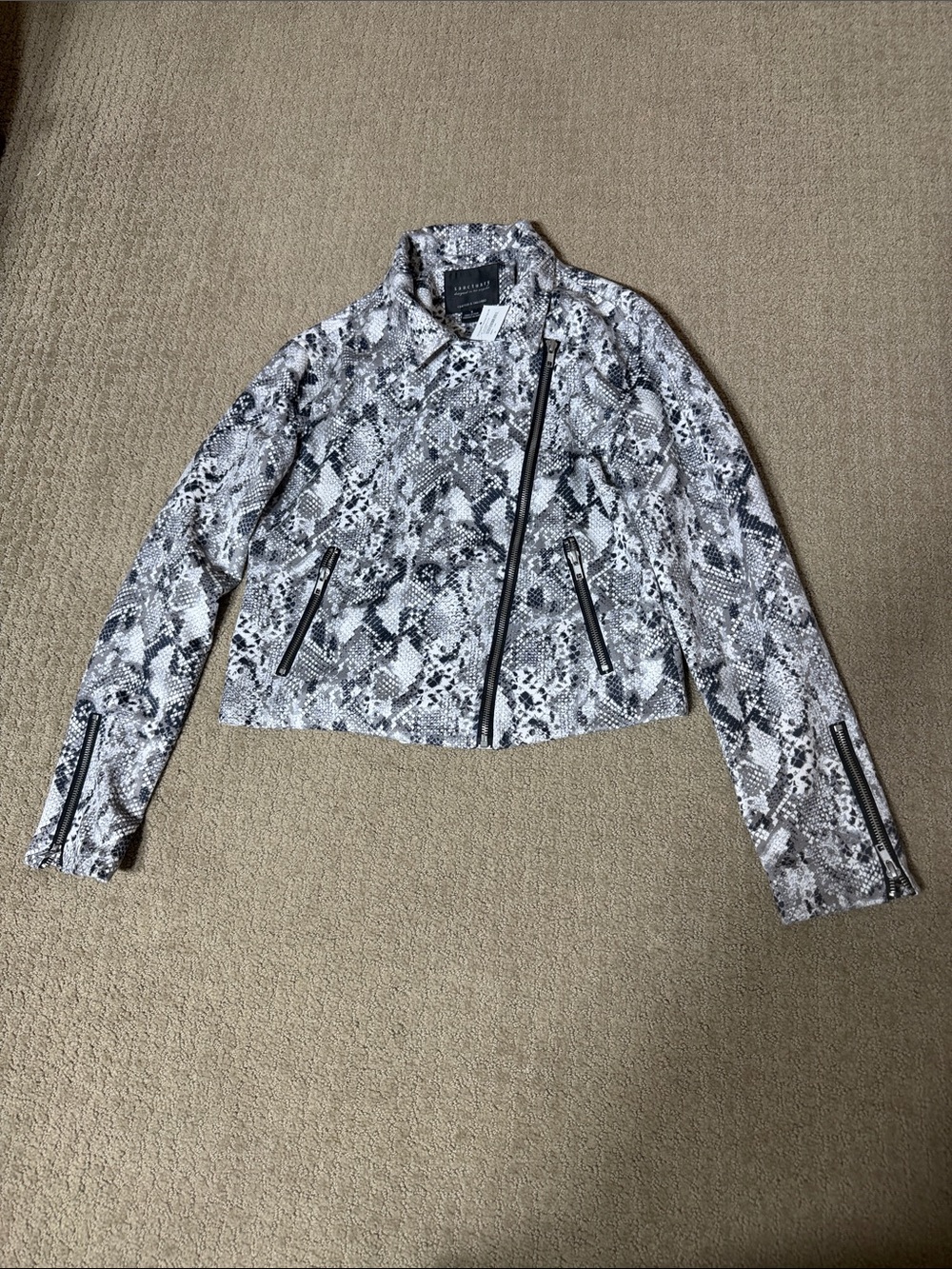 Sanctuary Snake-Print Moto Jacket in Grey and Black